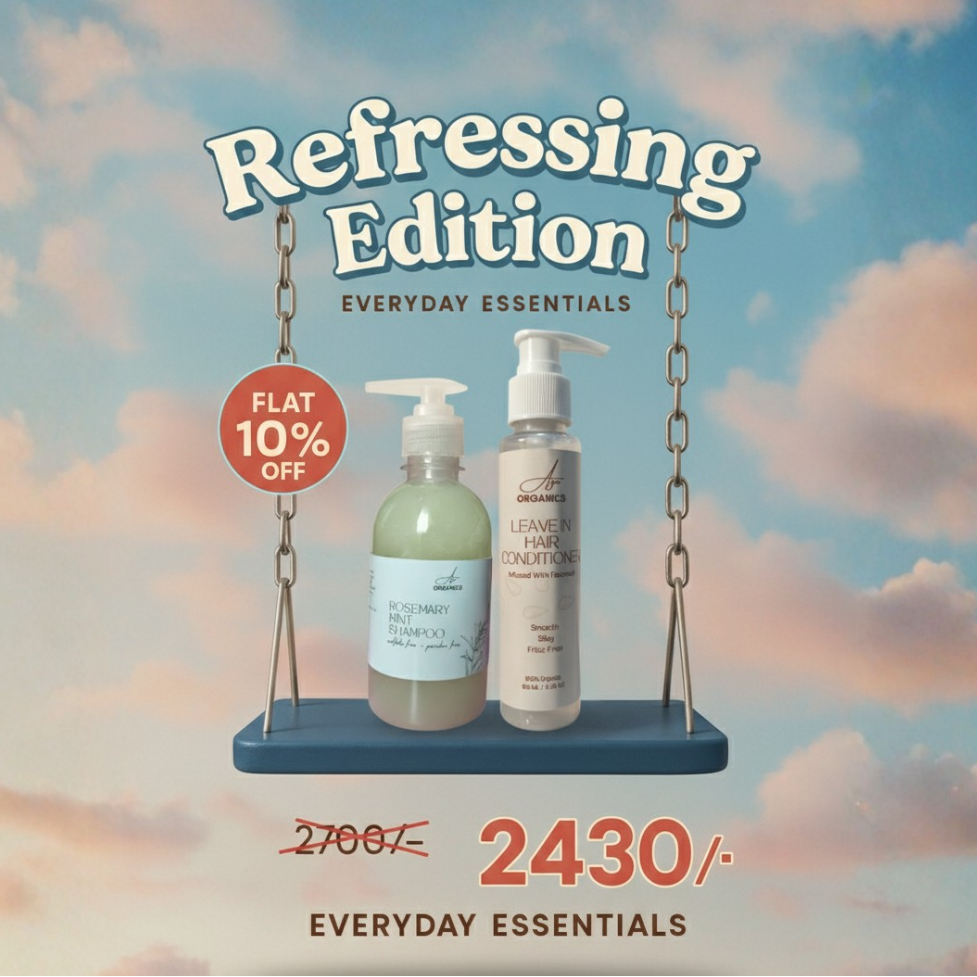 Two bottles of Everyday Essentials on a swing with a scenic background and promotional text.